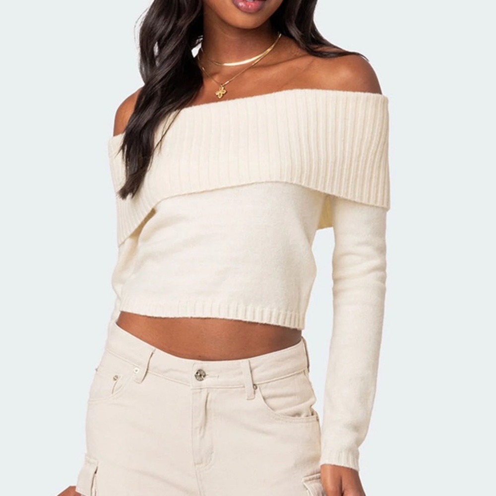 Edikted Cream Off-Shoulder Ribbed-Neck Sweater - Picture 2 of 2